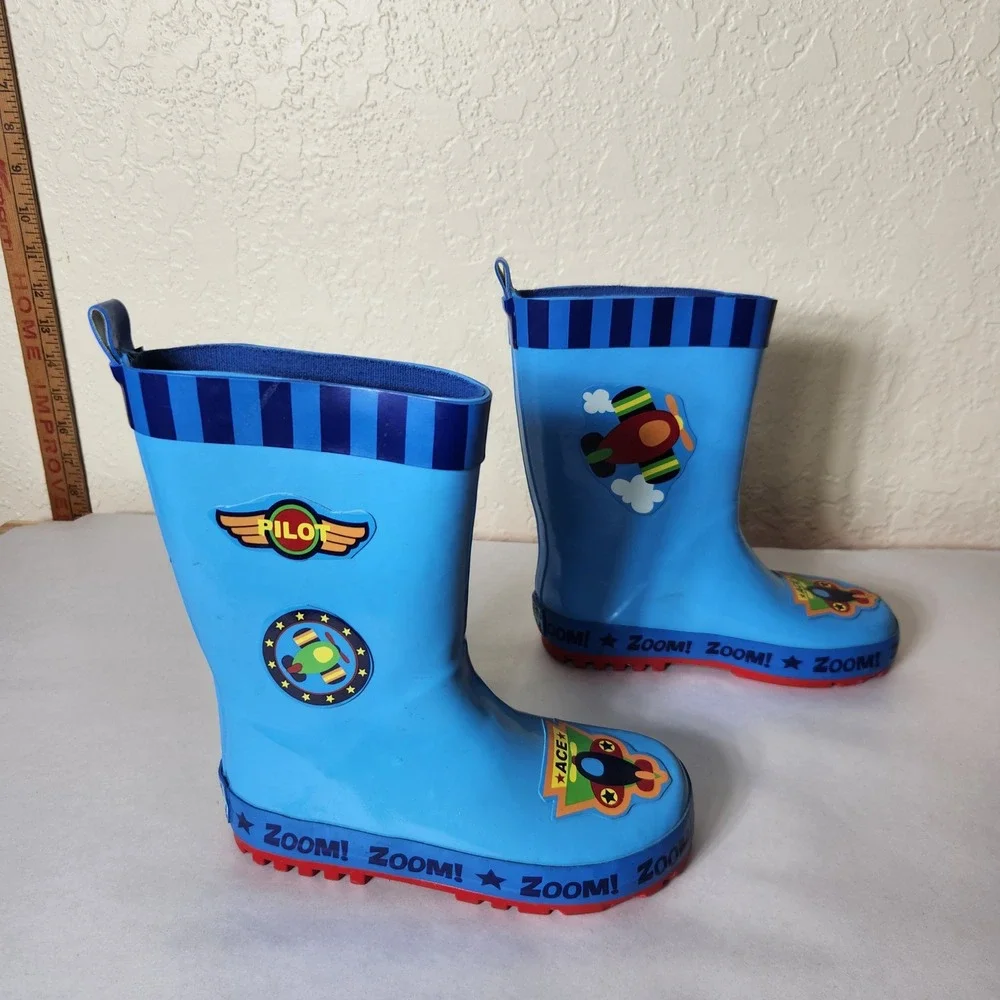 Stephen Joseph Kids Blue Airplane Pilot Rain Boots Size 11 US 28 EUR
